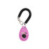 A purple pet training clicker attached to a coiled black lanyard with a metal clip.