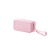 A pink silicone square cosmetic bag with a zip closure and a wrist strap. Features a branding logo.