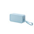 A blue silicone square cosmetic bag with a zip closure and a wrist strap. It has a simple design and a logo.