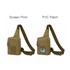 A tactical sling bag in khaki with a adjustable strap, featuring a screen print and a PVC patch on the front.