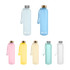 A drink bottle collection featuring pastel colours: pink, yellow, blue, green, and white, with a logo and strap.