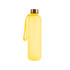 A drink bottle in bright yellow with a gold lid and a matching strap, featuring a logo.