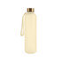 A drink bottle in cream with a gold lid and a carrying strap. It has a logo on the body.