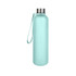 A drink bottle in a light teal colour with a stainless steel cap and a carry strap. It has a logo on the side.
