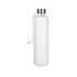 A drink bottle in transparent white with a stainless steel lid and a carrying strap. It has a logo.