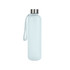 A drink bottle in light blue with a stainless steel lid and a carrying strap. It has a logo on it.