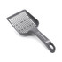 A large grey cat litter scoop with a slotted design and a handle, featuring a logo on the side.