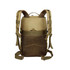 A tactical backpack in khaki, featuring adjustable straps and a mesh pocket on the back. It has a branding logo.