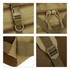 A tactical backpack in tan, featuring buckles and straps, with a mesh section and detailed stitching throughout.