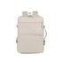 An expandable travel backpack in a neutral beige colour with multiple zippered compartments and a branding logo.