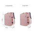 A pink expandable travel backpack, shown in both expanded and unexpanded forms, with multiple compartments and zippers.