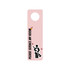 A pink acrylic door hanger featuring a cleaning service icon and a circular cutout at the top.