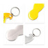 A drink bottle opener keyring in yellow and silver with a keyring attachment and a simple design.