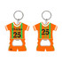 A drink bottle opener keyring featuring an orange sports jersey design with green stripes and a metallic opener at the bottom.