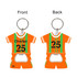 A drink bottle opener keyring shaped like an orange sports jersey with green stripes and a logo.