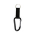 A black carabiner keychain with a metal clip and a fabric strap, featuring a key ring attachment.