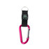 A pink carabiner keychain with a black compass attached, featuring a silver clip and black strap.