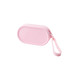 A pink round silicone storage bag with a zip closure and a strap. It features a logo.