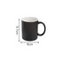 A black mug with a white interior, featuring a handle and dimensions marked alongside. It has a logo on the surface.