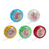 Five colourful yoyos in blue, clear, yellow, green, and red, each featuring a sports-themed design and logo.