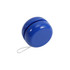 A blue classic yoyo with a smooth, shiny surface and a white string attached.