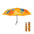 A small lite umbrella in vibrant orange with playful patterns and a logo, compactly folded alongside its cover.