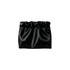A black zipperless portable makeup bag with a gathered top, featuring a smooth, shiny surface. It has a logo on the front.
