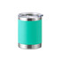 A drink bottle with a turquoise body and stainless steel base, featuring a clear lid and a logo.