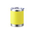 A drink bottle featuring a bright yellow exterior with a stainless steel base and a transparent lid.