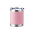 A drink bottle with a pink stainless steel exterior, double wall insulation, and a transparent lid. There is a logo present.