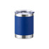 A drink bottle featuring a blue stainless steel exterior, a clear lid, and a silver base. It has a logo on the side.