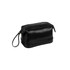 A black PU toiletry bag with a zip closure and a detachable wrist strap, featuring a sleek, shiny finish.