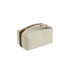 A portable canvas cosmetic bag in cream colour with a brown strap and silver accents. It has a zippered opening.