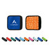 Neoprene luggage grips in various colours, featuring a logo on one side and a patterned design on the other.