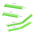 A green medium food bag seal clip in various positions, showcasing its adjustable lengths and design features.