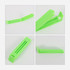 A green plastic clip for sealing small food bags, designed with an open and closed position for easy usage.