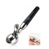 A stainless steel ice cream scoop with a black handle and an easy trigger mechanism for serving.