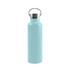 A drink bottle made of recycled stainless steel, featuring a light blue finish and a silver lid with a handle.