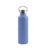 A drink bottle in a matte light blue finish, made of recycled stainless steel, with a stainless steel cap and a logo.