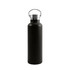 A drink bottle in matte black stainless steel with a silver lid and handle, featuring a logo.