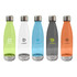 A drink bottle collection featuring five BPA-free Tritan bottles in green, blue, grey, orange, and transparent finishes, each with a metal cap.