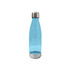 A drink bottle in translucent light blue with a stainless steel base and cap, featuring a logo.