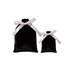 A set of black velvet drawstring gift bags, one large and one small, featuring pink satin ribbons.