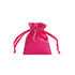 A pink silk satin drawstring bag with two drawstrings at the top and a smooth surface.