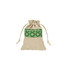 A drawstring bag made of cotton linen, featuring a green patchwork design and a natural jute body.