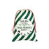 A green and white striped drawstring bag featuring a label with a mail service theme and decorative elements.