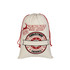 A cream flax linen drawstring bag with a festive red print featuring a reindeer and Christmas graphics.
