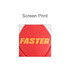 A red, machine-stitched PU handball featuring a logo and the word "FASTER" printed in gold.