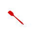 A red silicone spatula with a flat head and a long handle, featuring a hanging hole at the end.