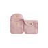 A square velvet jewellery pouch in soft pink, featuring two compartments and a gold snap closure.